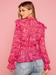 SHEIN Privé Floral Print Ruffle Trim Flounce Sleeve Peplum Blouse - Hot Pink - View 2