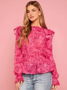 SHEIN Privé Floral Print Ruffle Trim Flounce Sleeve Peplum Blouse - Hot Pink - View 4