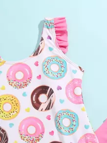 少女糖霜圈印花荷葉邊連體泳衣,配沙灘短裙 - 彩色 - 查看 3