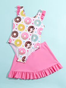 少女糖霜圈印花荷葉邊連體泳衣,配沙灘短裙 - 彩色 - 查看 4