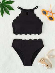 Tween Girl Scallop Trim Halter Neck Rib-Knit Bikini Set Summer Beach