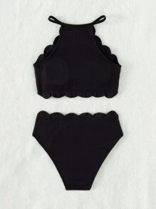 Tween Girl Scallop Trim Halter Neck Rib-Knit Bikini Set Summer Beach