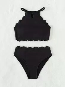 Tween Girl Scallop Trim Halter Neck Rib-Knit Bikini Set Summer Beach