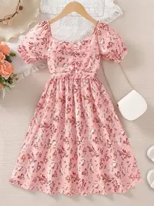 Chicas Vestido con estampado floral pecho con fruncido - Rosa - Ver 1