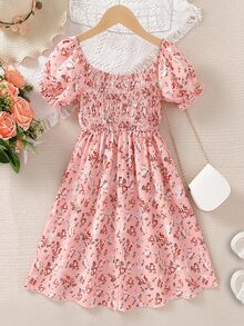 Chicas Vestido con estampado floral pecho con fruncido - Rosa - Ver 2