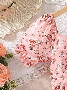 Chicas Vestido con estampado floral pecho con fruncido - Rosa - Ver 7