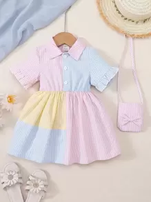 SHEIN Vintaside Kids 寶寶女孩條紋印花彩塊荷葉袖襯衫裙配飾品袋 - 彩色 - 查看 1