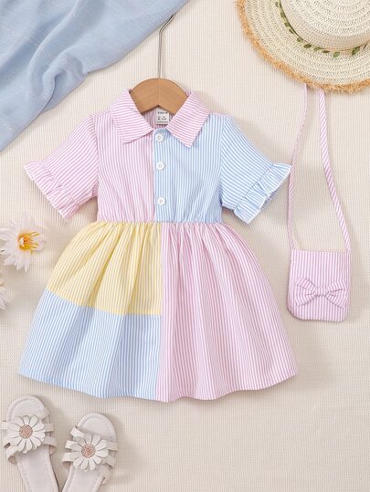 SHEIN Vintaside Kids Baby Girl Striped Print Colorblock Flounce Sleeve Shirt Dress With Accessory Bag