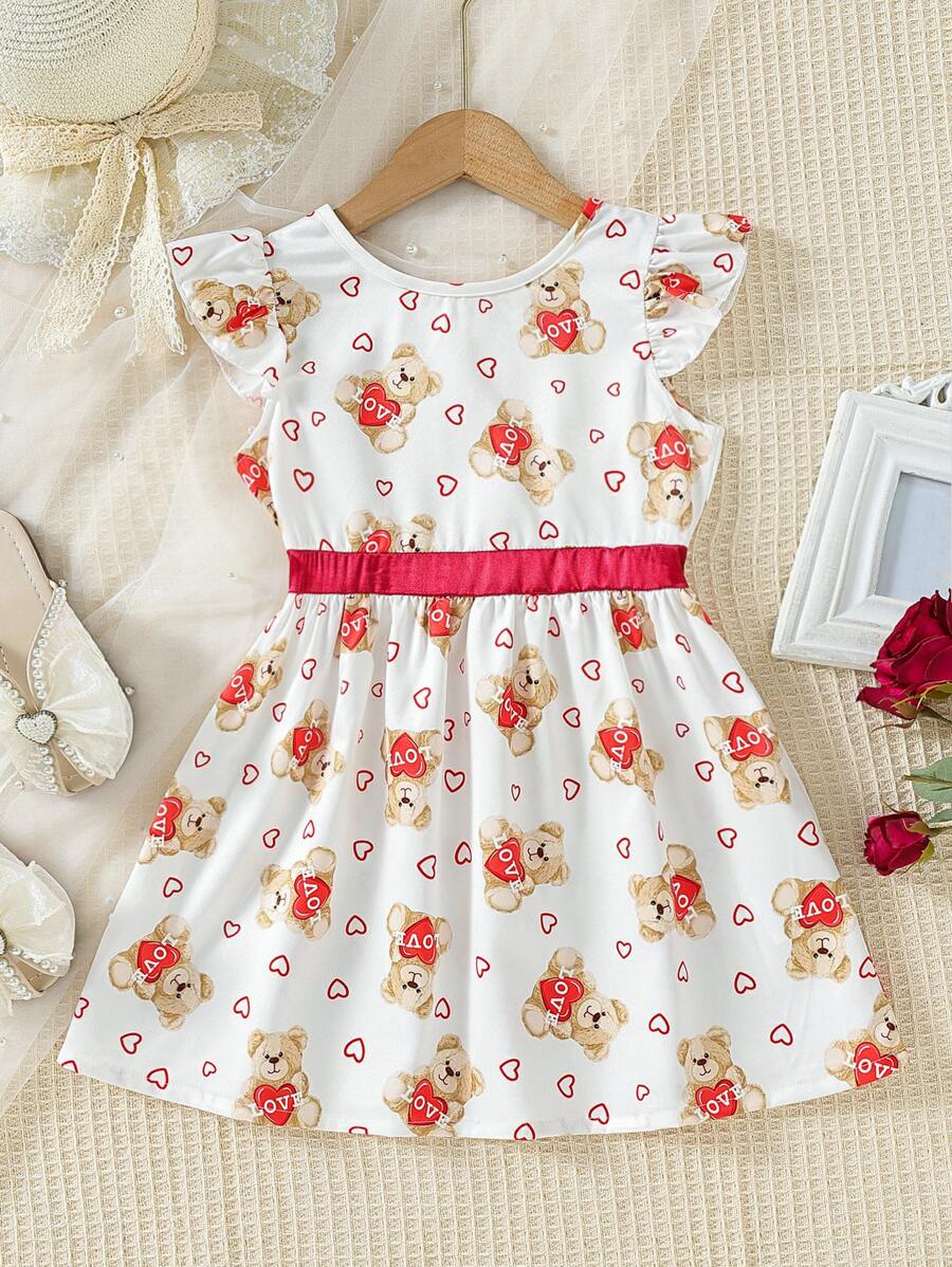 小女童熊和愛心圖案蝴蝶袖洋裝
