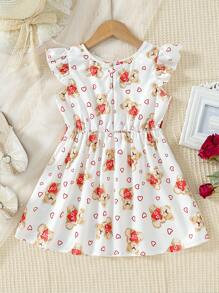 小女童熊和愛心圖案蝴蝶袖洋裝