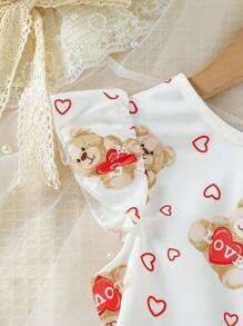 小女童熊和愛心圖案蝴蝶袖洋裝
