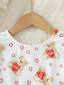 小女童熊和愛心圖案蝴蝶袖洋裝