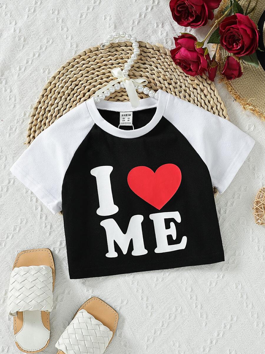Toddler Girls Heart & Slogan Graphic Raglan Sleeve Tee - Black and White - View 1