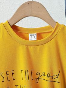 Young Girl Cute Casual Round Neck Letter Printed Short Sleeve T-shirt Suitable For Summer - Yellow - View 4
