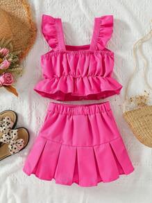 Toddler Girls Ruffle Trim Peplum Top & Pleated Skirt - Hot Pink - View 2