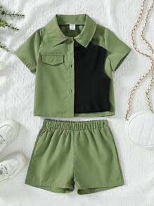 Toddler Girls Button Up Shirt & Tank Top & Shorts - Multicolor - View 1