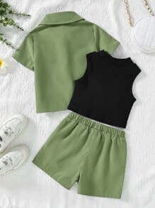 Toddler Girls Button Up Shirt & Tank Top & Shorts - Multicolor - View 2