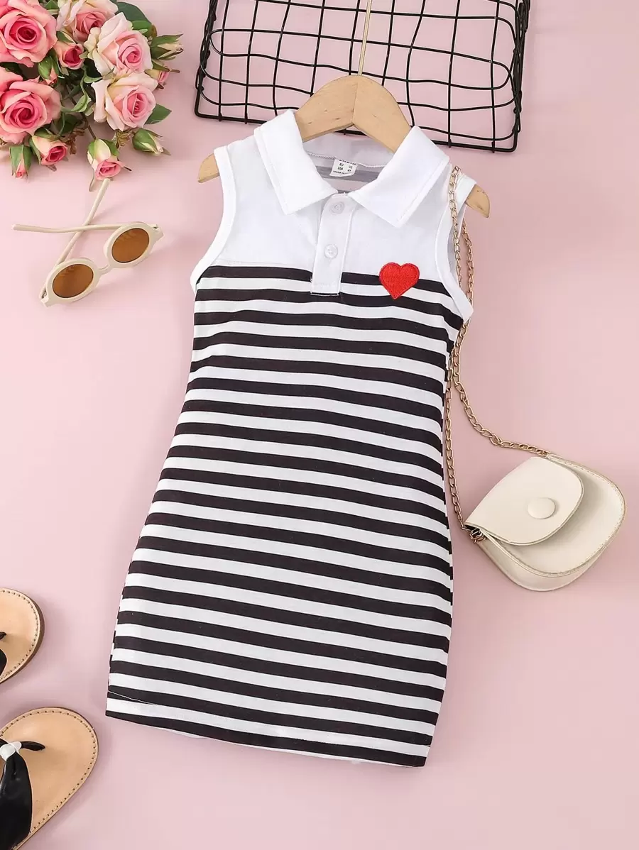 SHEIN Young Girl Striped Print Heart Embroidery Polo Neck Dress - Black and White - View 1