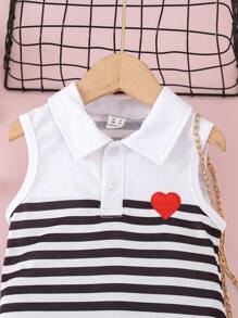 SHEIN Young Girl Striped Print Heart Embroidery Polo Neck Dress - Black and White - View 3