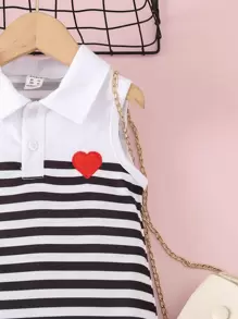 SHEIN Young Girl Striped Print Heart Embroidery Polo Neck Dress - Black and White - View 4