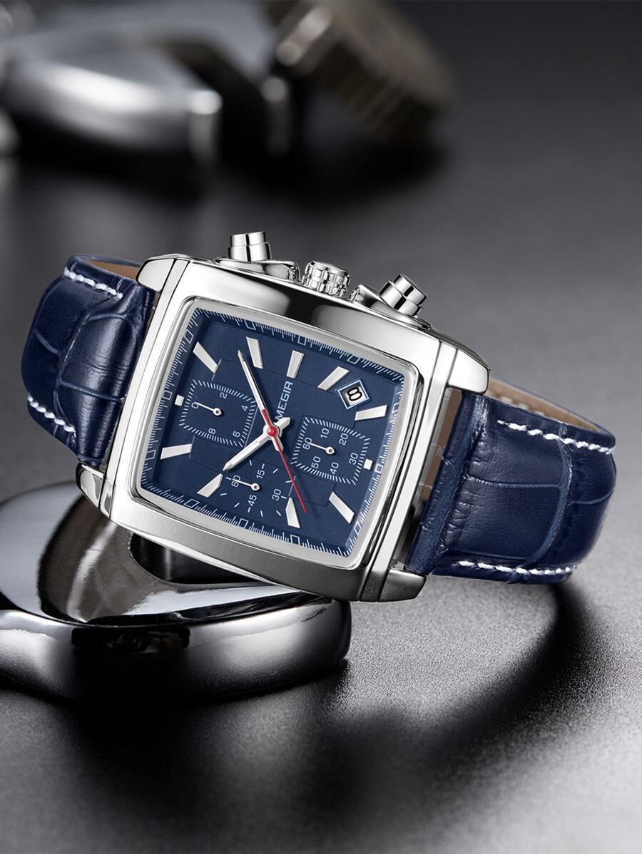 MEGIR MEGIR Đồng hồ thạch anh ngày con trỏ vuông cho nam - Màu xanh lam - Xem 1