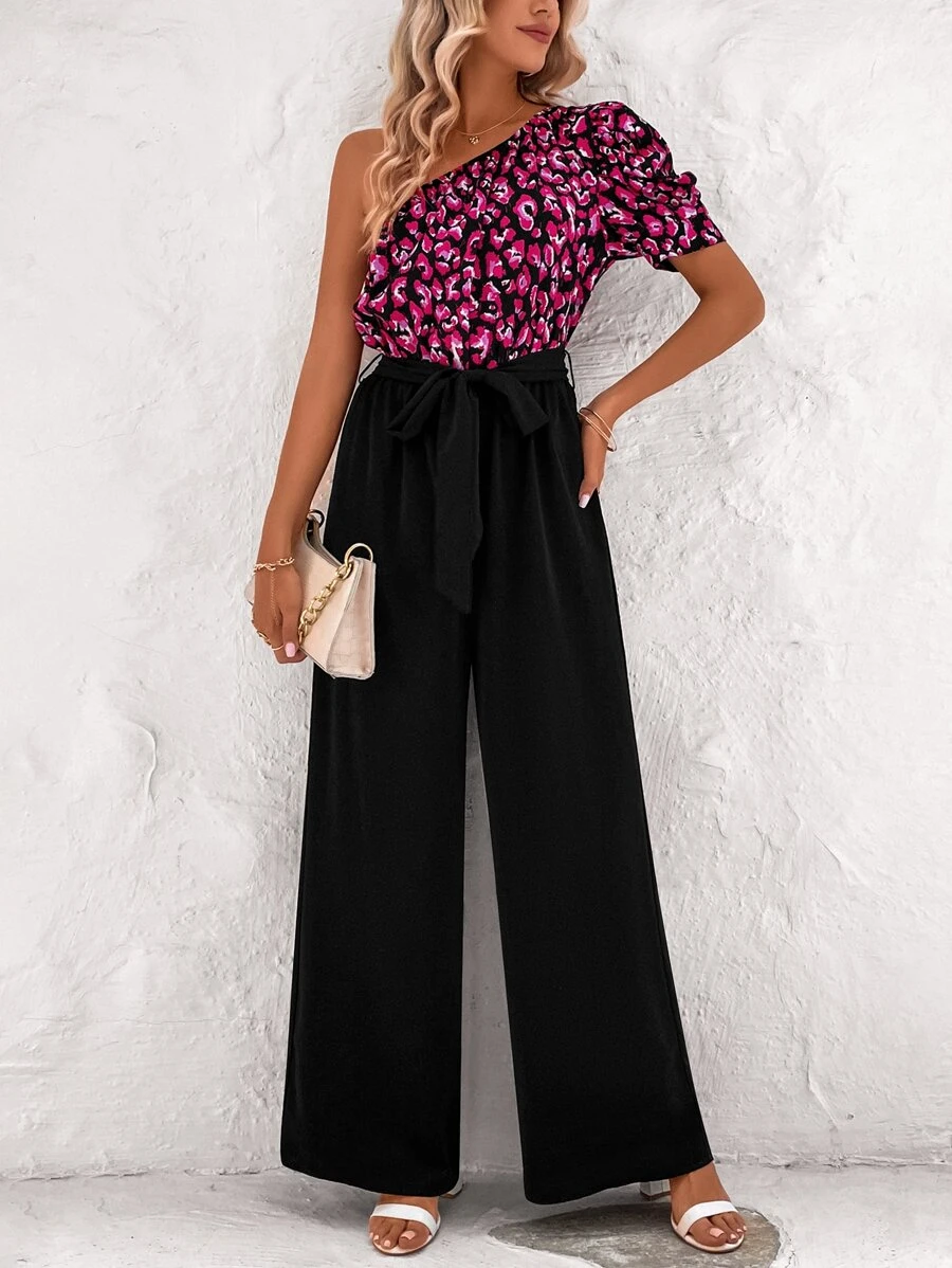 SHEIN LUNE All Over Print One Shoulder Puff Sleeve Belted Jumpsuit - Black - View 1