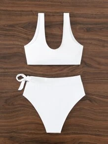 SHEIN Swim Summer Beach Solid Bikini Set Knot Front Tank Bra & High Waisted Bottom 2 Piece Bathing Suit - White - View 4