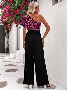 SHEIN LUNE All Over Print One Shoulder Puff Sleeve Belted Jumpsuit - Black - View 2