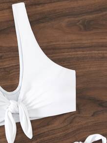 SHEIN Swim Summer Beach Solid Bikini Set Knot Front Tank Bra & High Waisted Bottom 2 Piece Bathing Suit - White - View 6