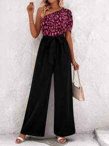 SHEIN LUNE All Over Print One Shoulder Puff Sleeve Belted Jumpsuit - Black - View 4