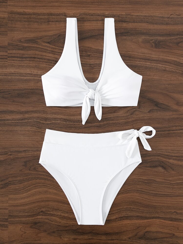 SHEIN Swim Summer Beach Solid Bikini Set Knot Front Tank Bra & High Waisted Bottom 2 Piece Bathing Suit - White - View 7