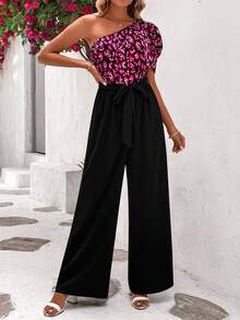 SHEIN LUNE All Over Print One Shoulder Puff Sleeve Belted Jumpsuit - Black - View 5