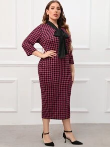 Modelyn Plus Houndstooth Tie Neck Bodycon Dress - Multicolor - View 1