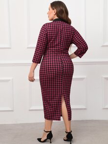 Modelyn Plus Houndstooth Tie Neck Bodycon Dress - Multicolor - View 2