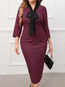 Modelyn Plus Houndstooth Tie Neck Bodycon Dress - Multicolor - View 4