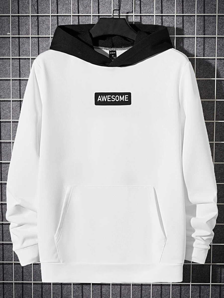 GENTILAND Men Letter Graphic Kangaroo Pocket Hoodie - White - View 1