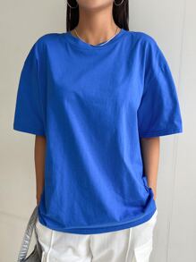 DAZY Solid Drop Shoulder Tee Oversized T-Shirt - Royal Blue - View 5