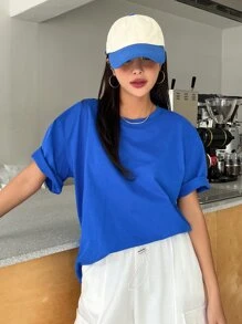DAZY Solid Drop Shoulder Tee Oversized T-Shirt - Royal Blue - View 6