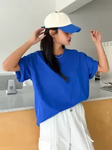 DAZY Solid Drop Shoulder Tee Oversized T-Shirt - Royal Blue - View 3