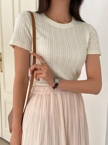 DAZY Solid Round Neck Tee - Beige - View 1