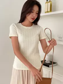 DAZY Solid Round Neck Tee - Beige - View 4