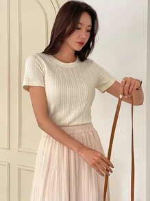 DAZY Solid Round Neck Tee - Beige - View 8