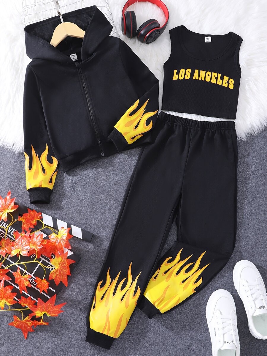 Girls Fire Print Zip Up Hoodie & Joggers & Tank Top - Black - View 1