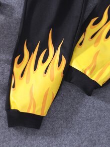 Girls Fire Print Zip Up Hoodie & Joggers & Tank Top - Black - View 5