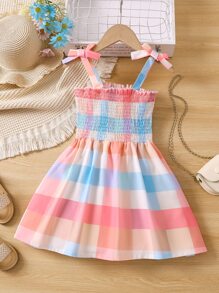 SHEIN 年轻女孩格子度假清晰甜美蝴蝶结宽肩带连衣裙夏季