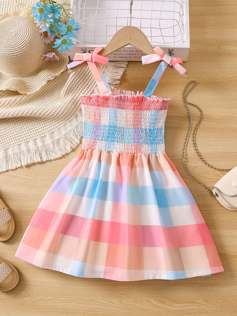 SHEIN 年轻女孩格子度假清晰甜美蝴蝶结宽肩带连衣裙夏季