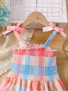 SHEIN 年轻女孩格子度假清晰甜美蝴蝶结宽肩带连衣裙夏季