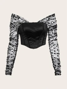 SHEIN Privé Plus Polka Dot Mesh Panel Off Shoulder Top - Black - View 1