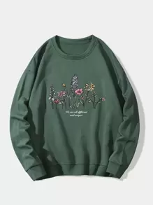 SHEIN LUNE 花和標語圖案加絨內裏運動衫