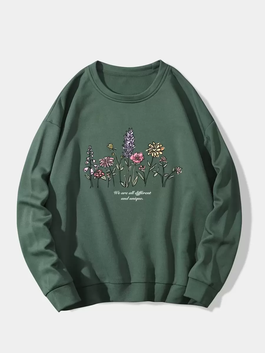 SHEIN LUNE 花和標語圖案加絨內裏運動衫